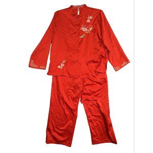 Cruz Natori Pajama Set Size Small Red Embroidered Floral Mandarin Collar 3 Pcs